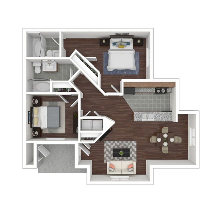 Modern 3D floor plan showcasing two bedrooms, an inviting open-concept living area, sleek kitchen, and two elegant bathrooms.