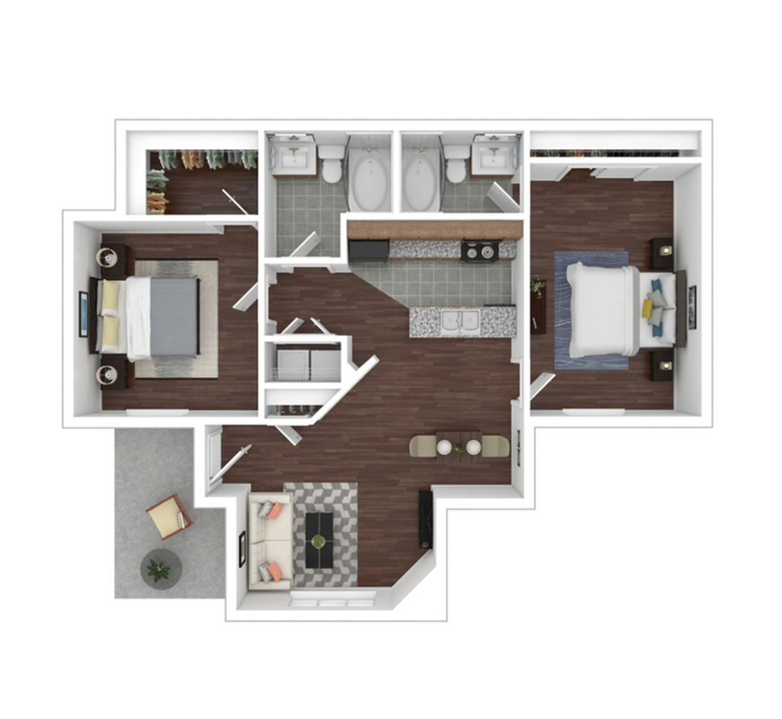 Charming apartment floor plan with 2 bedrooms, 2 modern bathrooms, open-concept kitchen, and cozy living area.