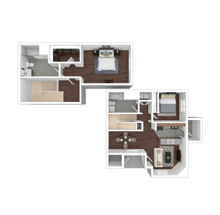 Modern 3D floor plan showcasing a two-story apartment with 2 bedrooms, spacious living area, and sleek kitchen layout.