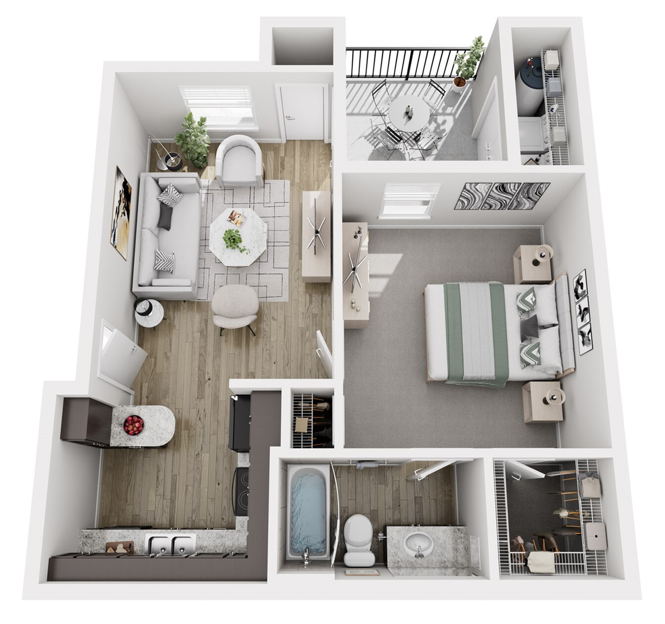 Modern apartment floor plan featuring a cozy living area, contemporary kitchen, stylish bedroom, and elegant bathroom with a private balcony.