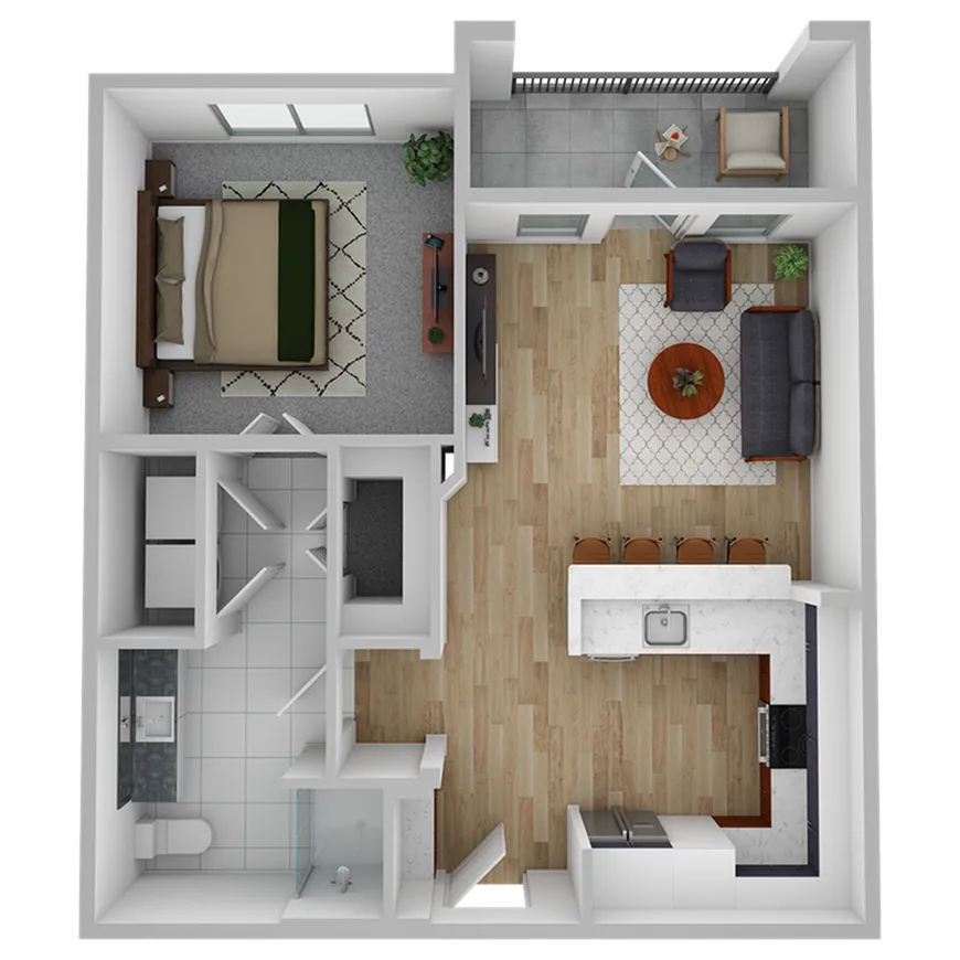 Modern single-bedroom apartment layout featuring an open-concept living room and kitchen, a stylish bathroom, and a cozy patio area.