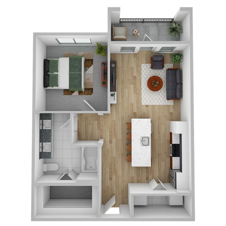 Modern floor plan featuring 1 bedroom, open-concept kitchen and living area with stylish island, and a cozy balcony.