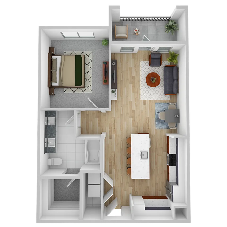 Modern floor plan featuring a spacious bedroom, an open-concept kitchen with a central island, and a cozy living area leading to a balcony.
