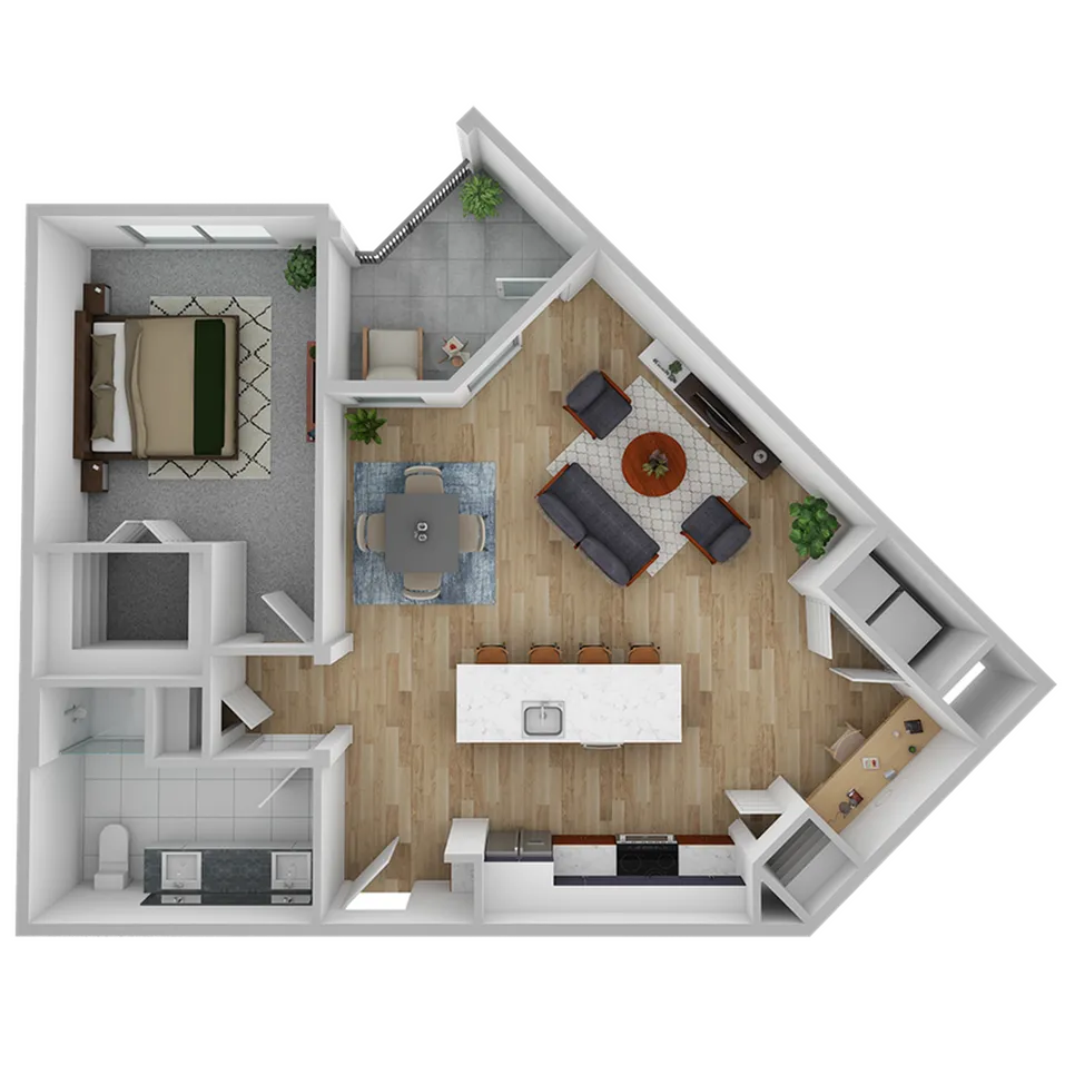Modern apartment floor plan showcasing a spacious open-concept living area, sleek kitchen island with bar seating, cozy bedroom, and stylish bathroom. Includes a private balcony for relaxing outdoor space.