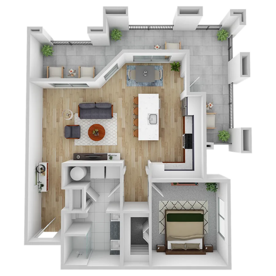 Modern open floor plan with one bedroom, cozy living area, sleek kitchen, and expansive terrace ideal for entertaining.