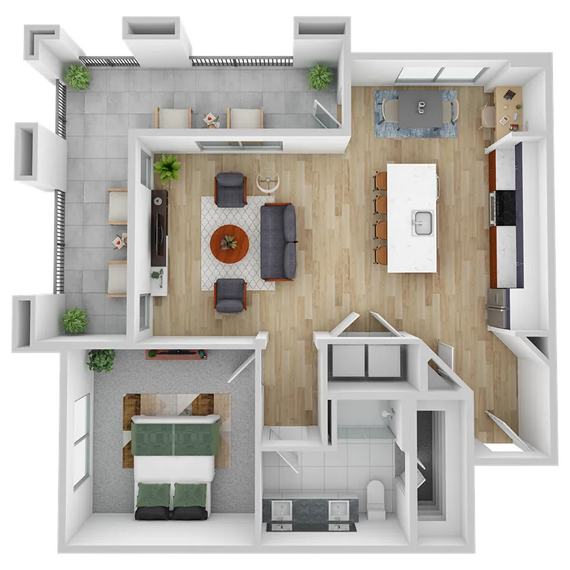 Chic floor plan showcasing an open-concept kitchen with island, cozy living area, spacious bedroom, and stylish patio.