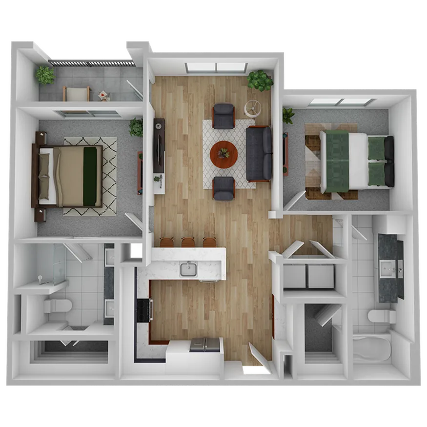 Modern 2D floor plan showcasing two spacious bedrooms, an open living space with hardwood floors, a sleek kitchen with a breakfast bar, and a balcony for outdoor enjoyment.