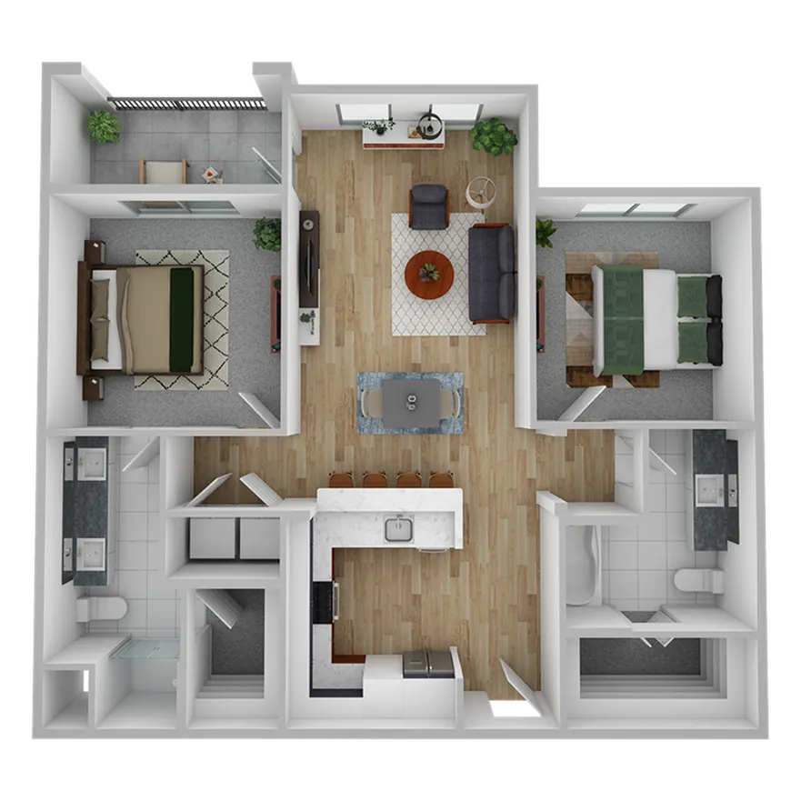 Modern 3D floor plan showcasing two spacious bedrooms, a stylish open-concept living area, and a sleek kitchen design.