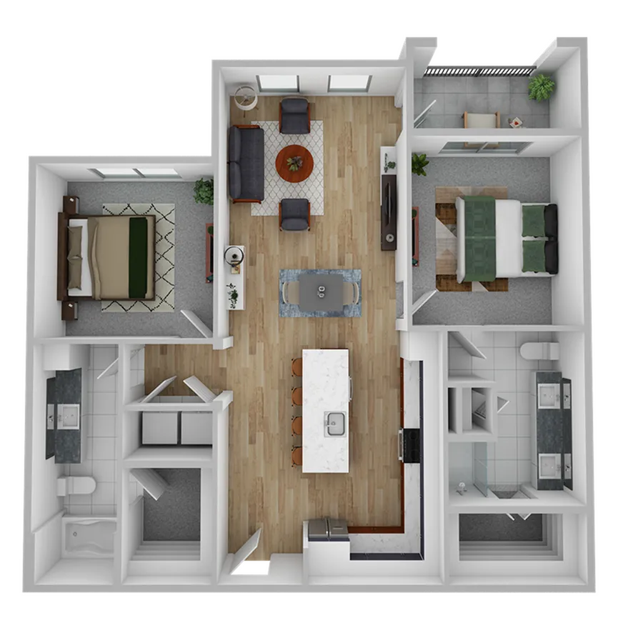 Modern 2D floor plan highlighting 2 bedrooms, inviting living area, elegant kitchen, and balcony, perfect for stylish living.