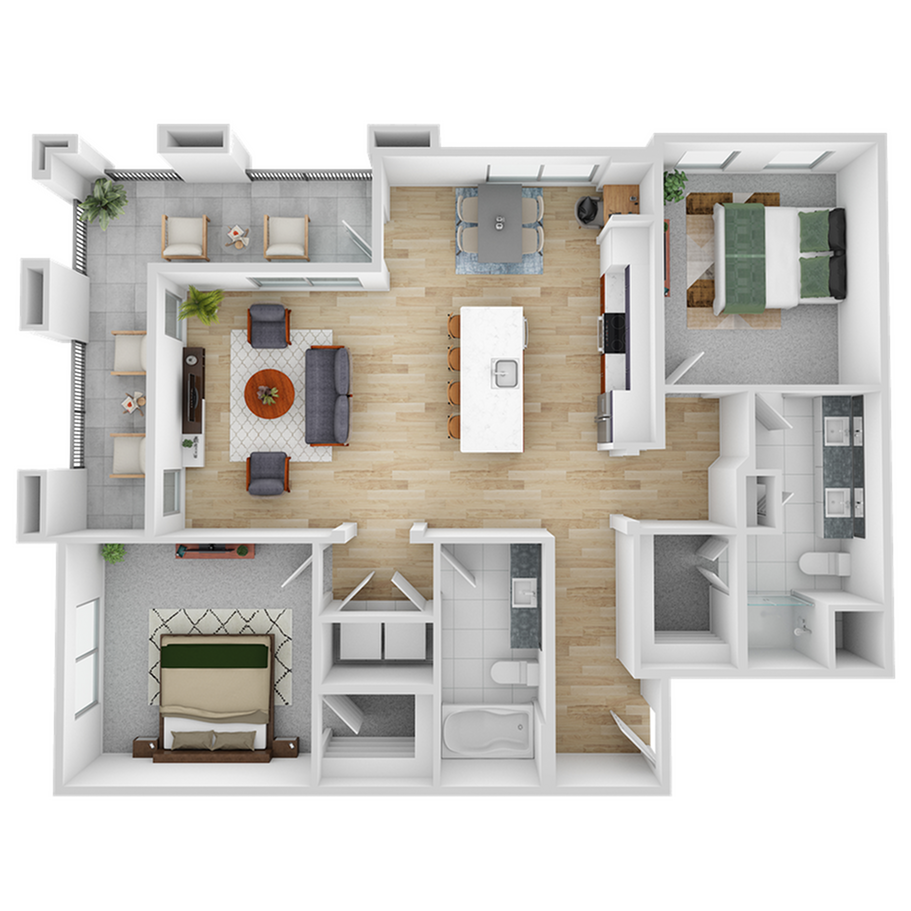 Contemporary 3D floor plan showcasing 2 bedrooms, a chic open-concept living area, modern kitchen with island, and inviting balcony space.