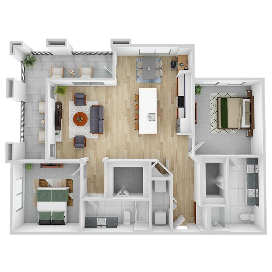 Modern 3D floor plan featuring two spacious bedrooms, an open-concept kitchen with an island, a cozy living area, and a charming outdoor terrace.