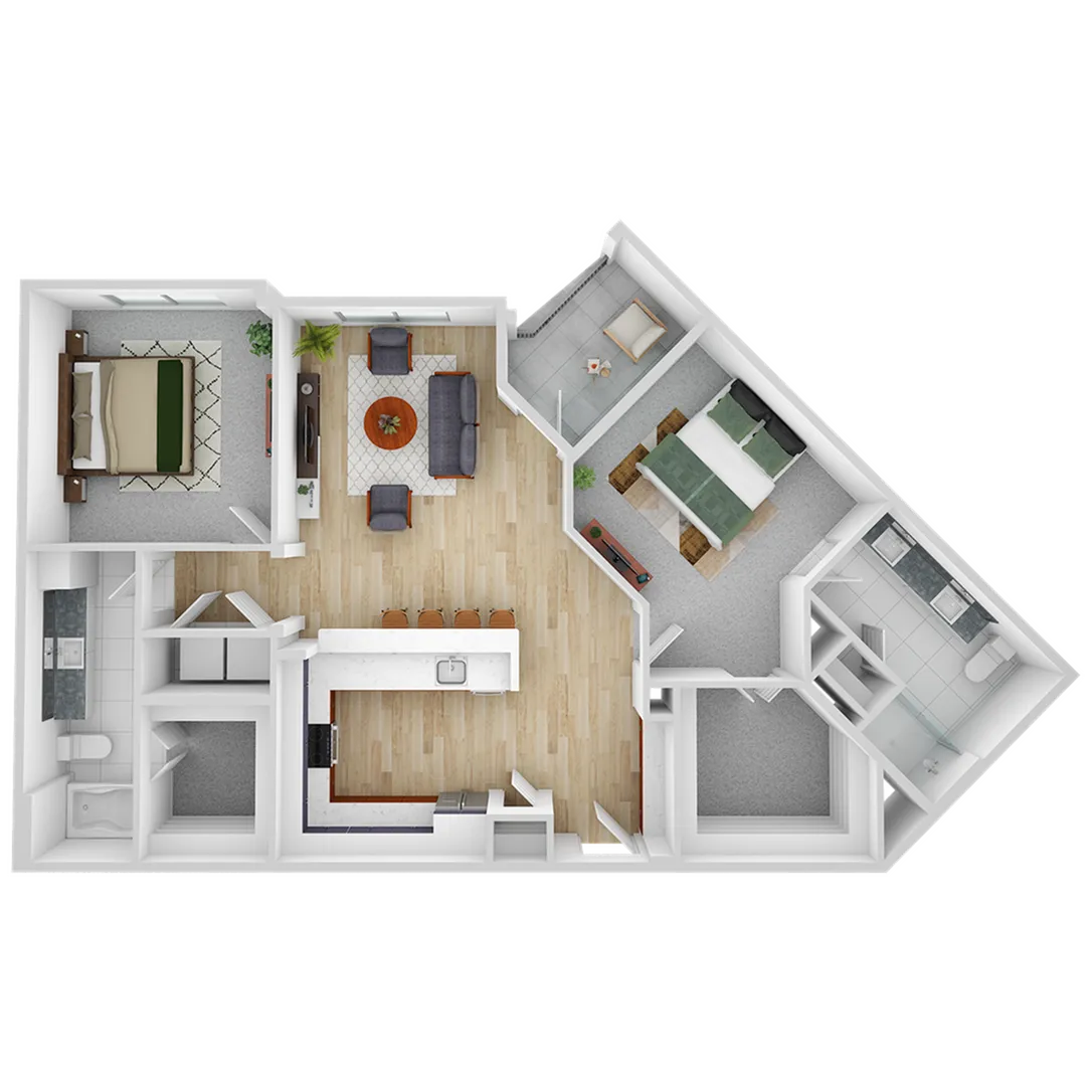Modern apartment floor plan featuring two bedrooms, a stylish open-concept living area, and a sleek kitchen with a breakfast bar. Includes a balcony and two bathrooms.