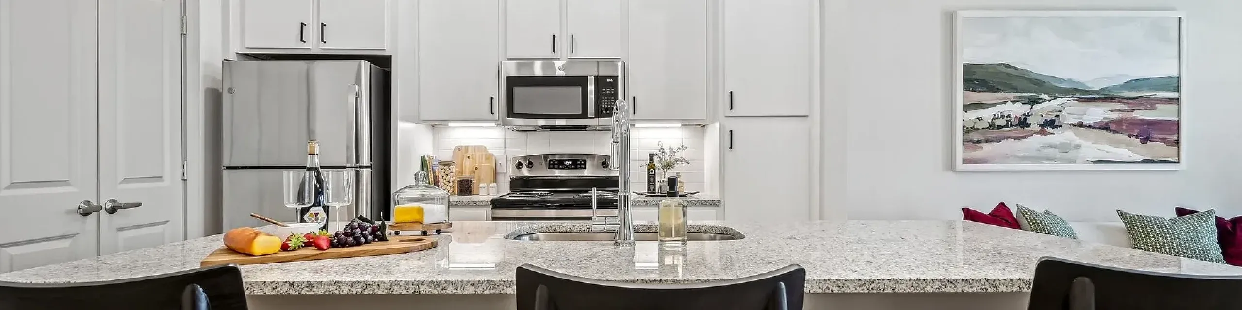 the fitz model 1 bed 1 bath with a hugh open concept kitchen and livingroom stainless steel appliance and white modern cabinets with tons of storage