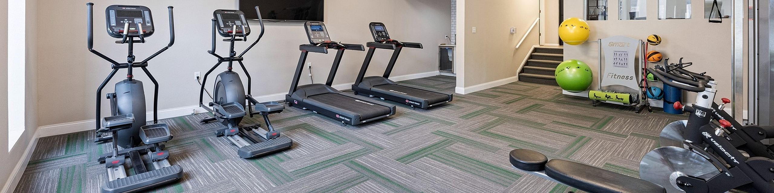 Modern fitness center with high-end elliptical machines, treadmills, and diverse workout equipment in a bright, spacious room.