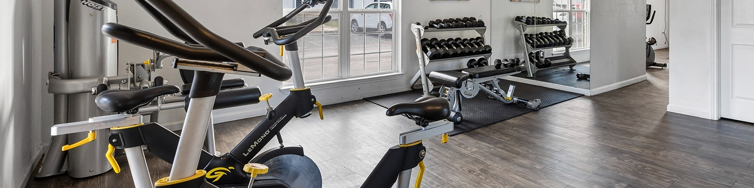Modern apartment gym with sleek exercise bikes, free weights, and vibrant decor. Spacious, light-filled room with contemporary amenities for a fulfilling workout experience.