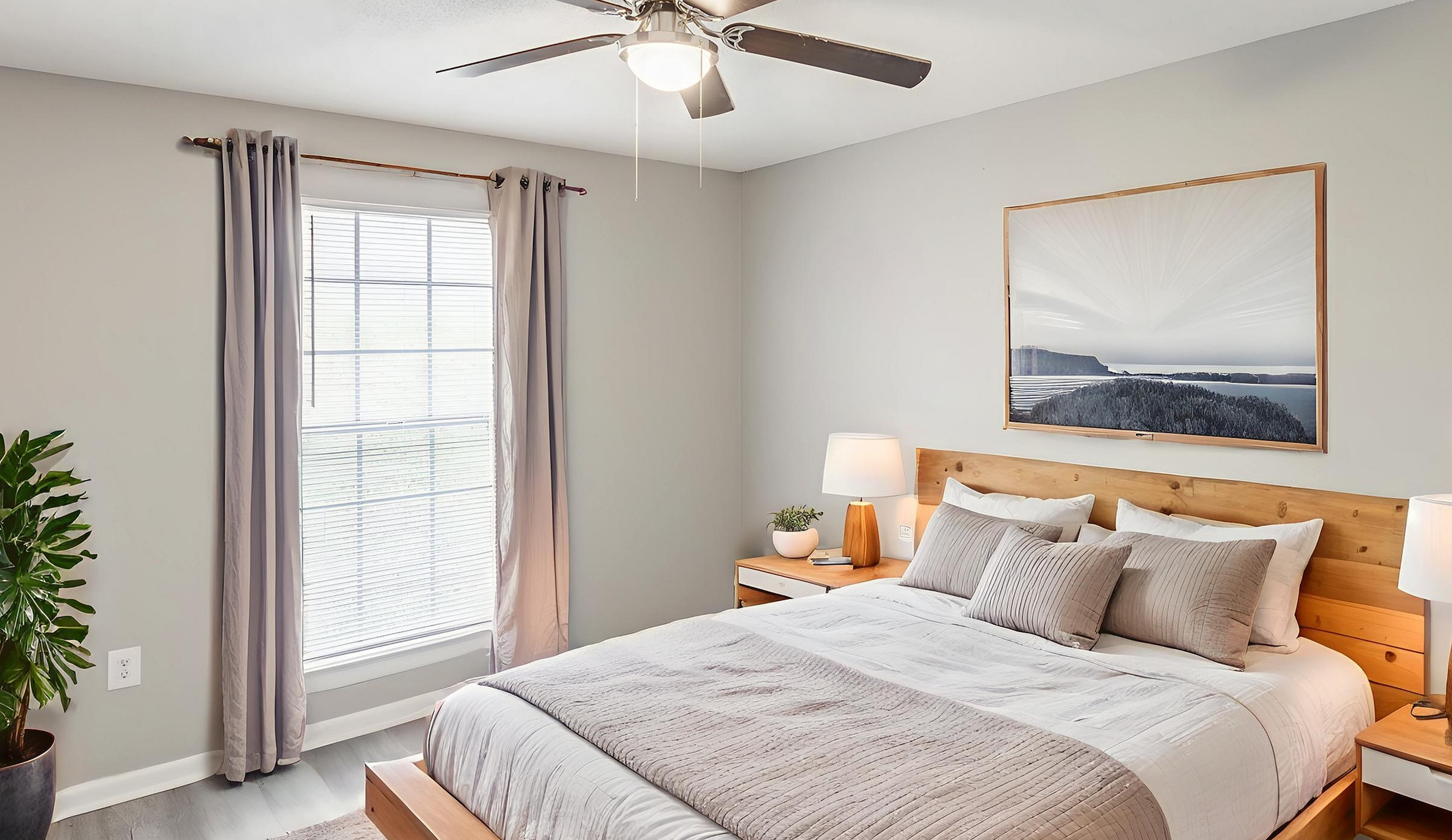 Inviting bedroom featuring a cozy bed with soft linens, modern wooden furniture, and vibrant natural light from a large window, creating a serene and tranquil atmosphere.