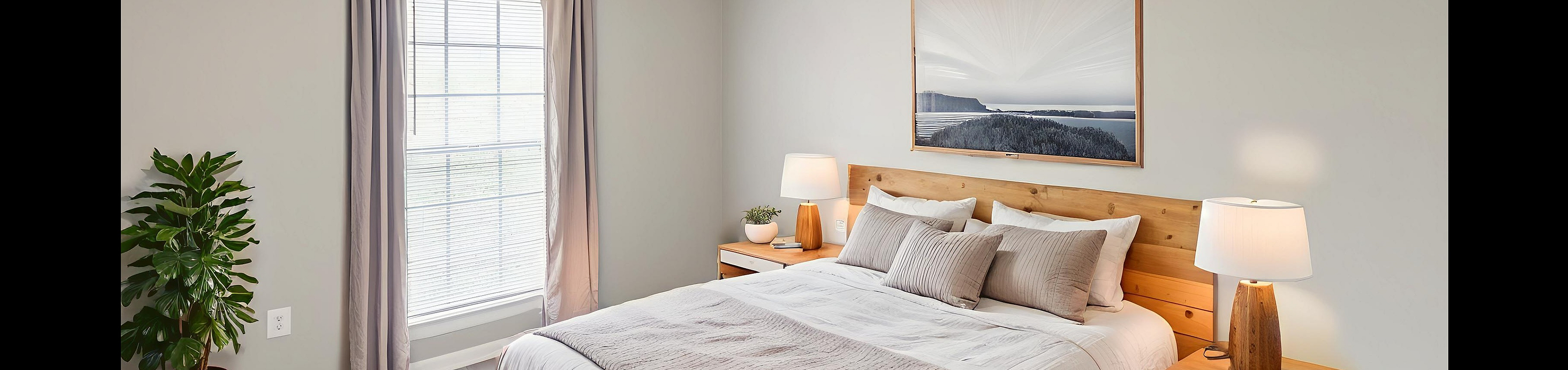 Bright and inviting bedroom featuring a plush bed, cozy decor, and abundant natural light from a large window with elegant drapes.