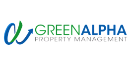 GreenAlpha Property Management logo with a modern arrow design in blue and green.
