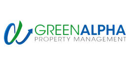 GreenAlpha Property Management logo featuring a dynamic arrow design in blue and green.