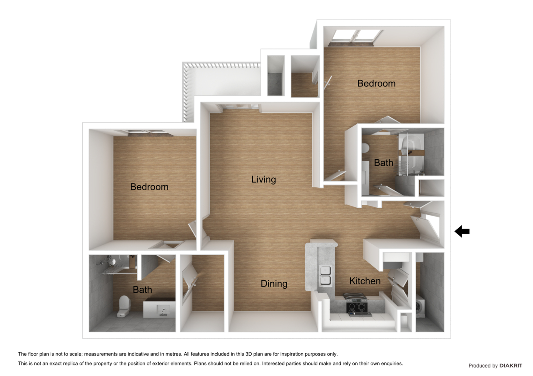 Elegant Oasis 3D floor plan showcasing two spacious bedrooms, a modern kitchen, elegant dining area, cozy living room, and two stylish bathrooms.