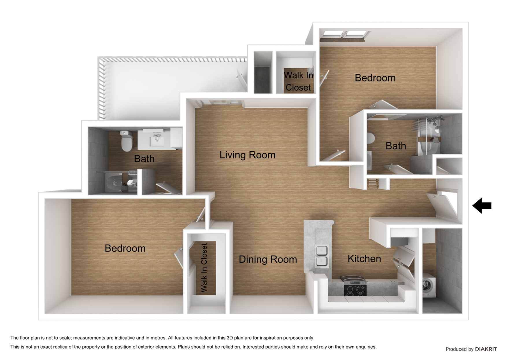 3D floor plan of a spacious apartment highlighting two bedrooms, two bathrooms, living room, dining room, kitchen, and walk-in closets.