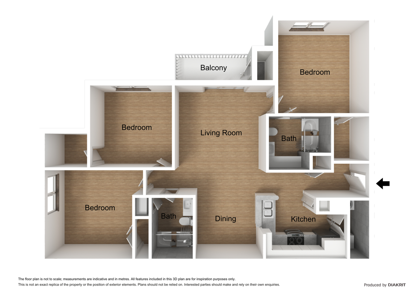 3D apartment floor plan showcasing three bedrooms, living room, kitchen, dining area, two bathrooms, and a balcony.