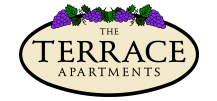 Property logo, which is oval with The Terrace Apartments in the middle and decorate grapes draping over the top of the oval.