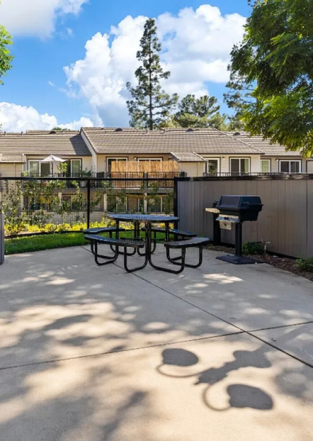 Outdoor BBQ area with buildings in the background.