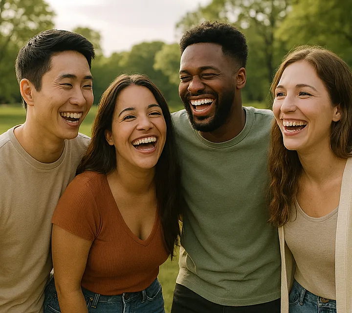 Group of friends laughing outdoors