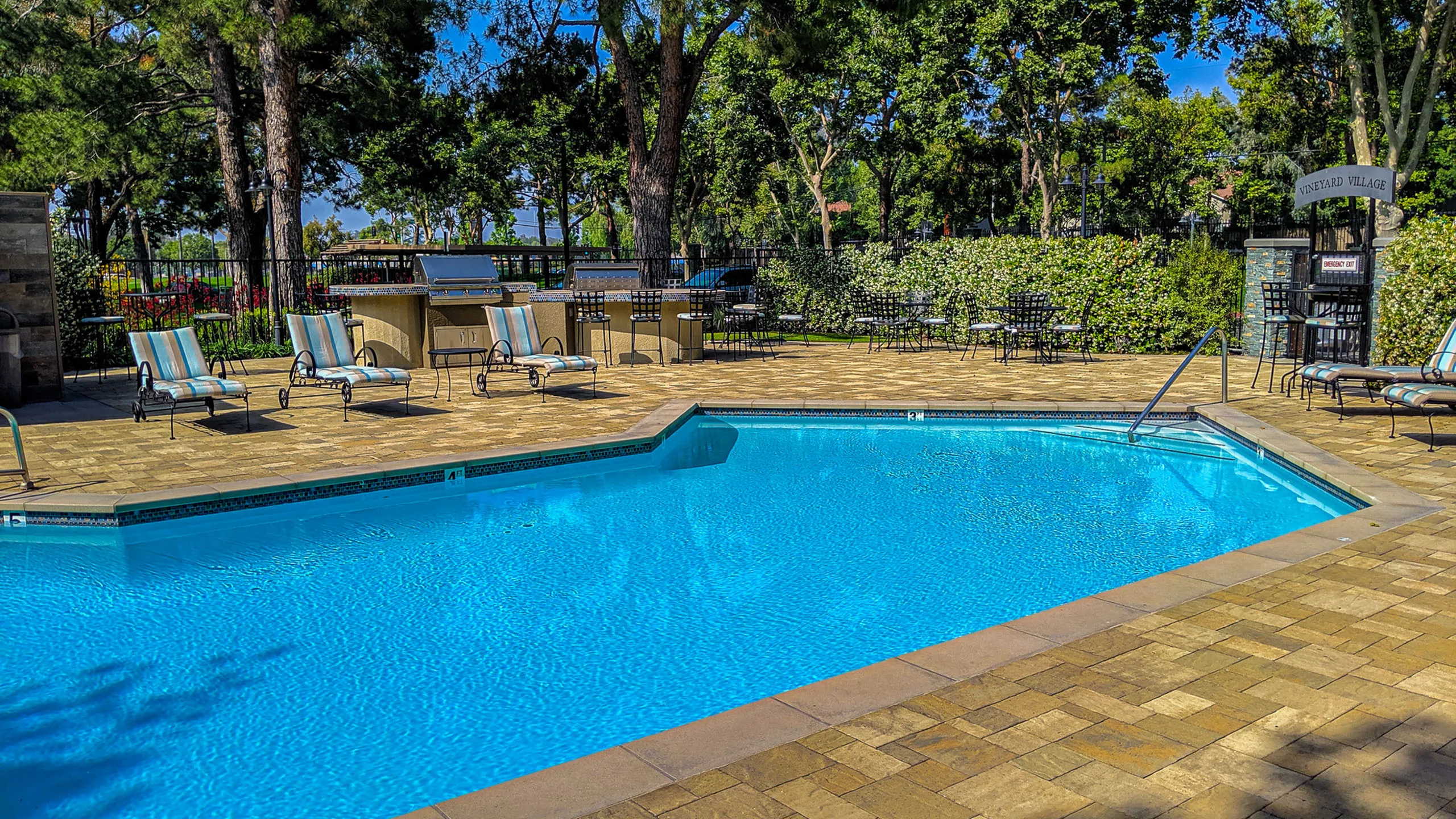 View of swimming pool and pool furniture.