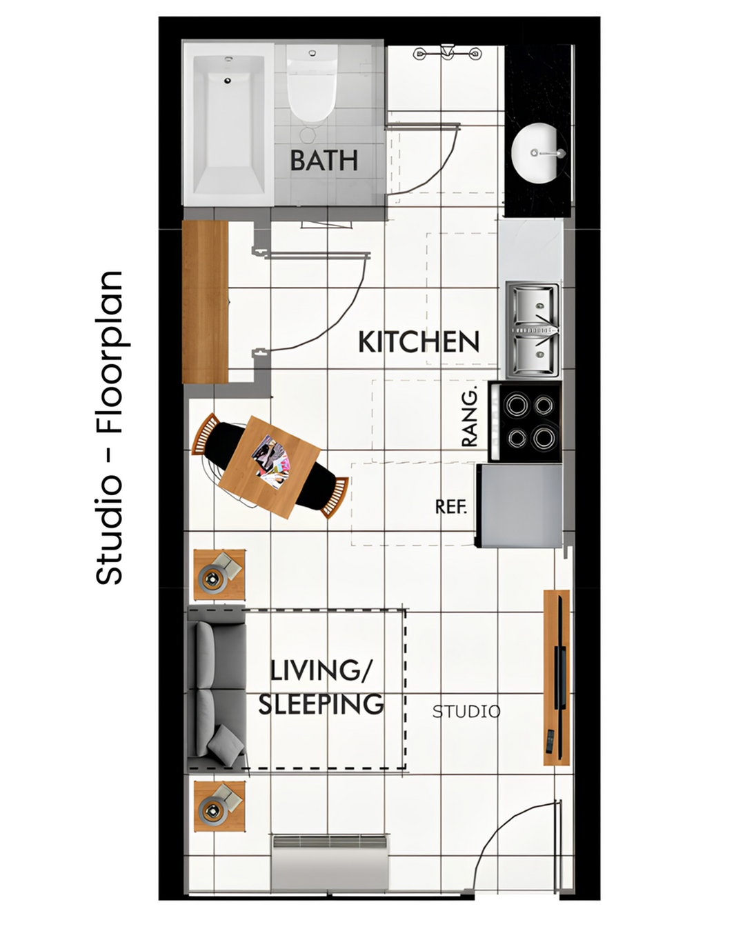 Contemporary studio floor plan showcasing an efficient layout with combined living and sleeping area, modern kitchen, and stylish bath.