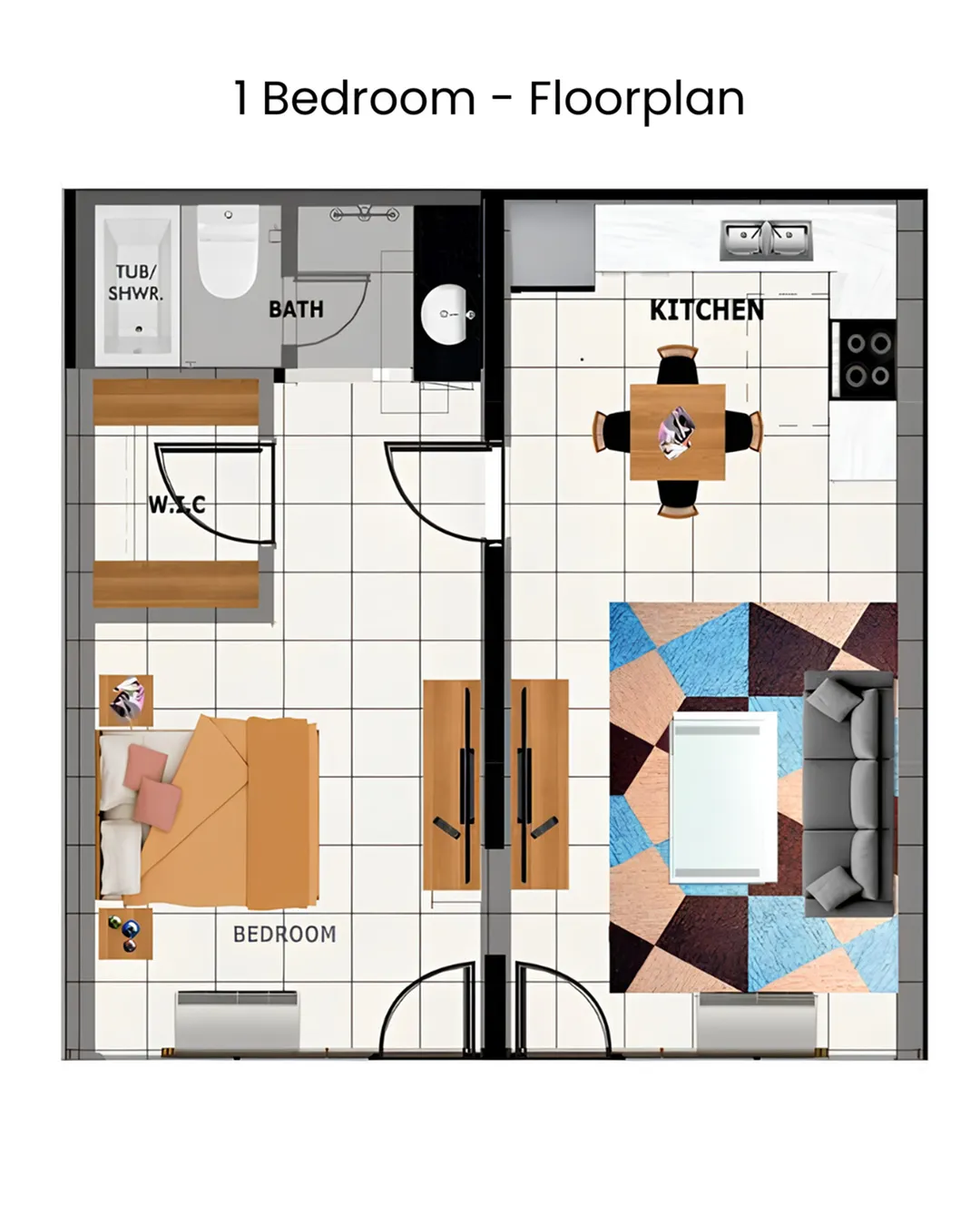 Contemporary 1 bedroom floor plan featuring an open kitchen, cozy living room, and modern bathroom with a walk-in closet.
