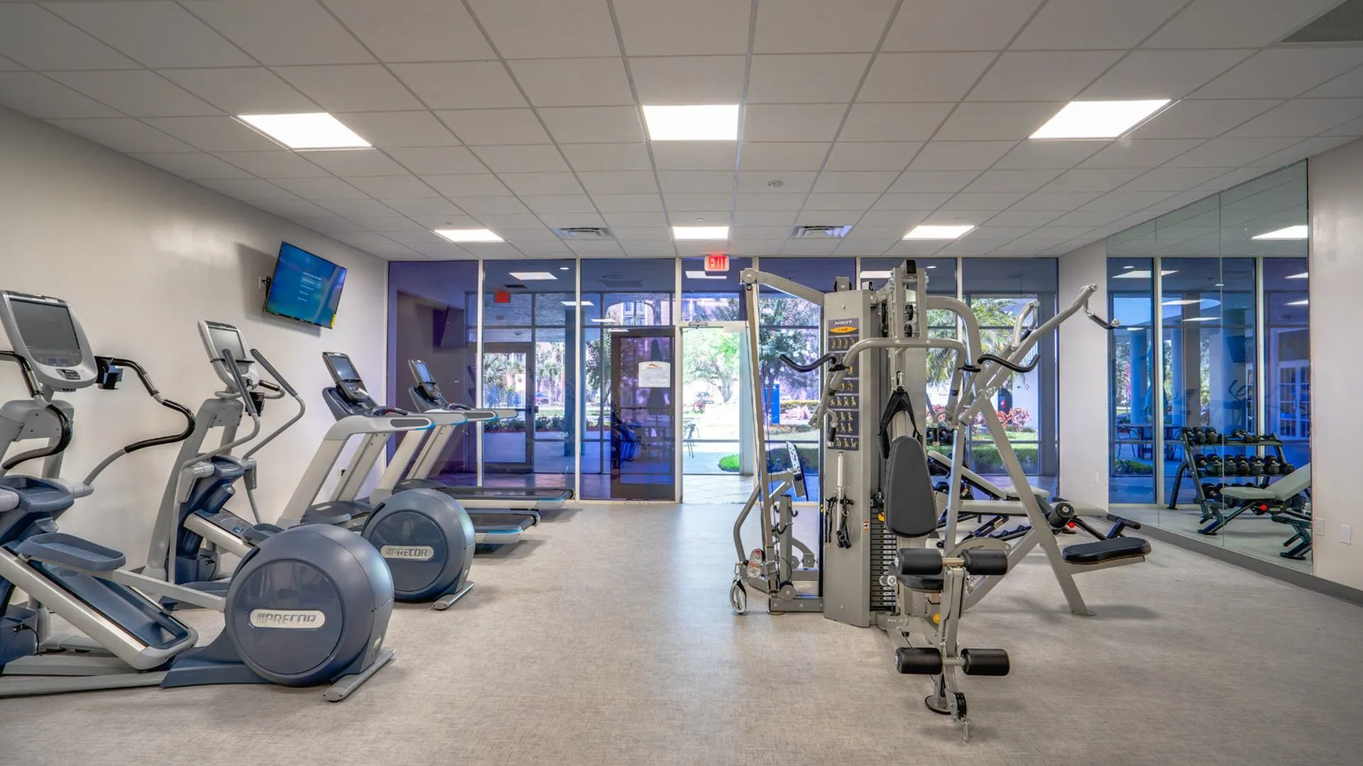 Modern fitness center features state-of-the-art cardio machines and versatile strength equipment in a bright, inviting space.