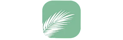 Minimalist design logo with a white palm leaf overlay on a soothing green background.