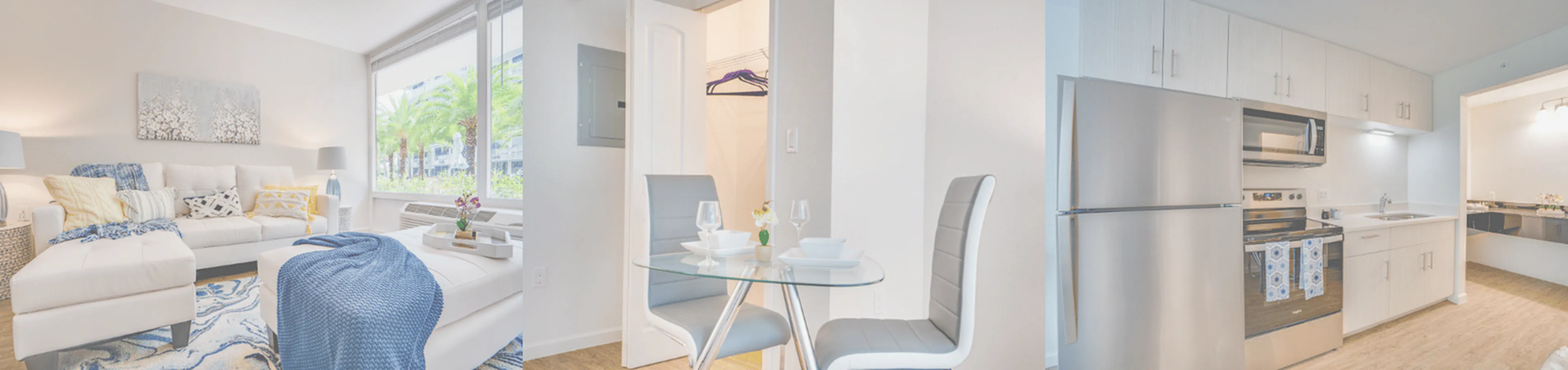Modern apartment interior showcasing a bright living room, chic dining nook, and sleek kitchen with stainless steel appliances.