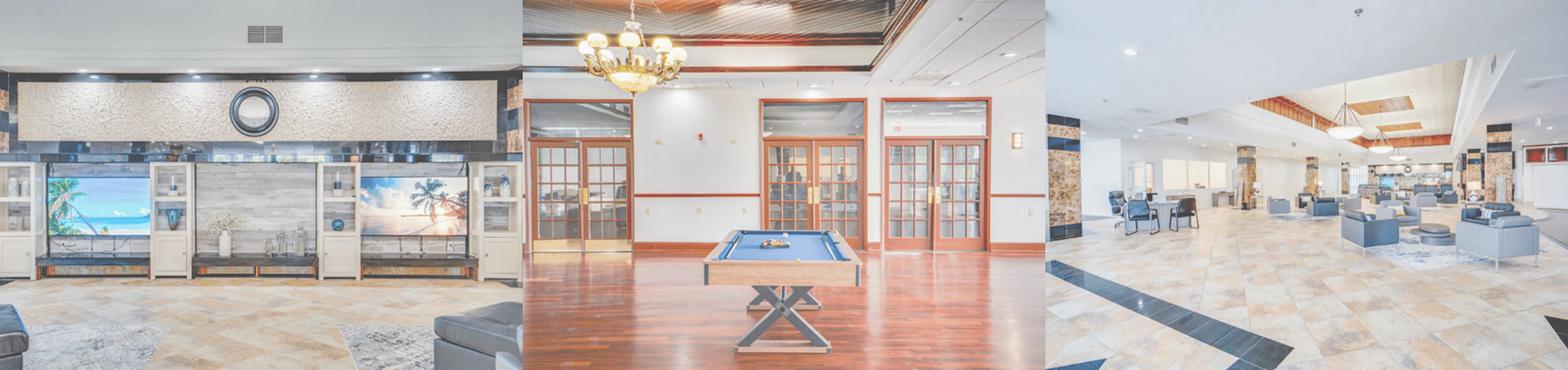 Elegant apartment amenities showcasing a chic lounge area with beach-themed d&eacute;cor, a luxurious chandelier hanging over a billiards room, and a spacious, well-lit common area with modern furnishings.
