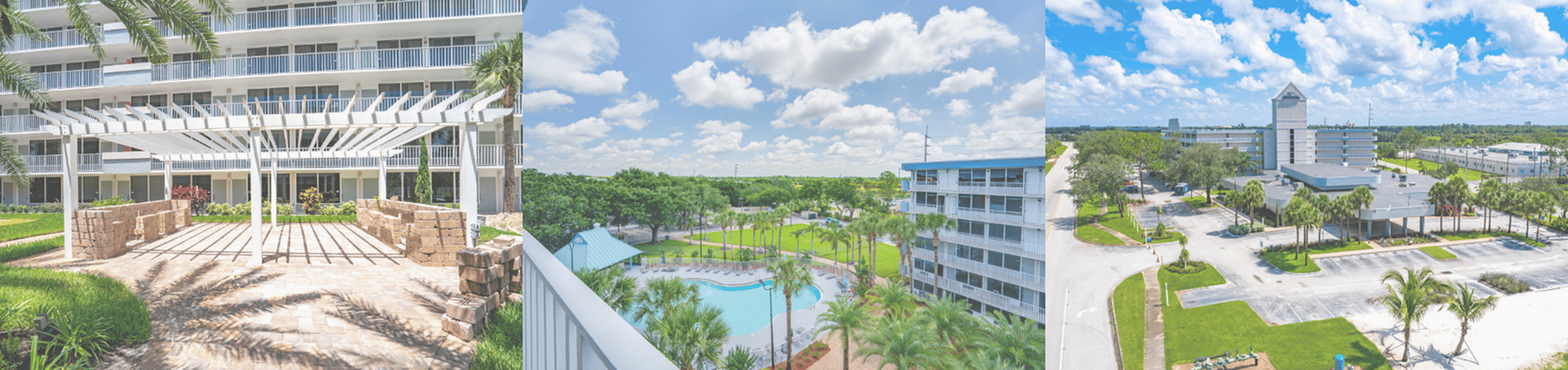 Chic apartment community featuring a sunlit pergola area, lush greenery surrounding a sparkling pool, and modern buildings under a bright blue sky.