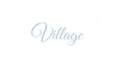 Elegant logo design featuring 'Maingate Village' in soft blue script, exuding a sense of community and charm.