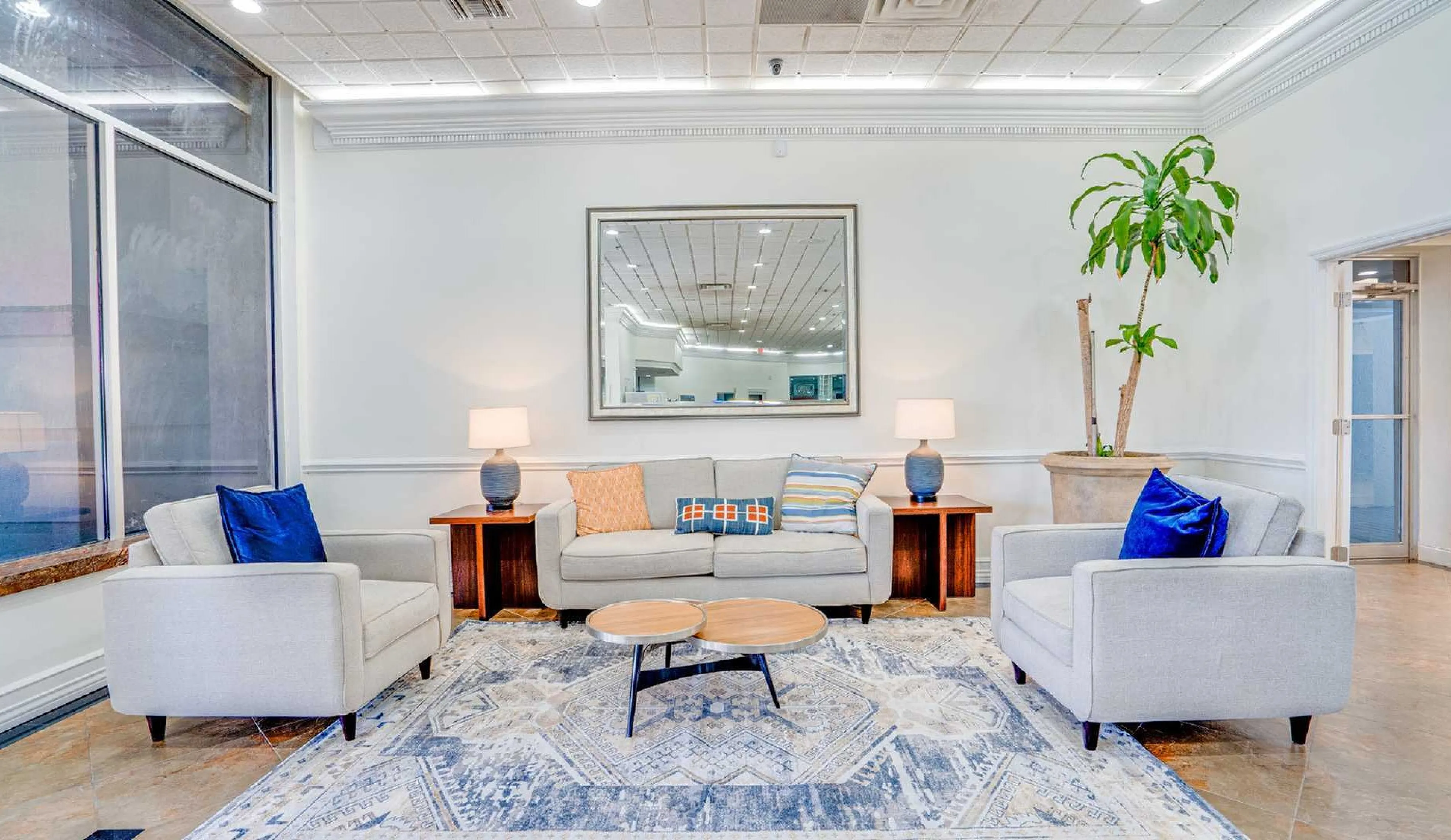 Inviting living room with elegant gray sofas, stylish blue cushions, and a chic patterned rug, enhanced by soft lighting and a lush indoor plant.