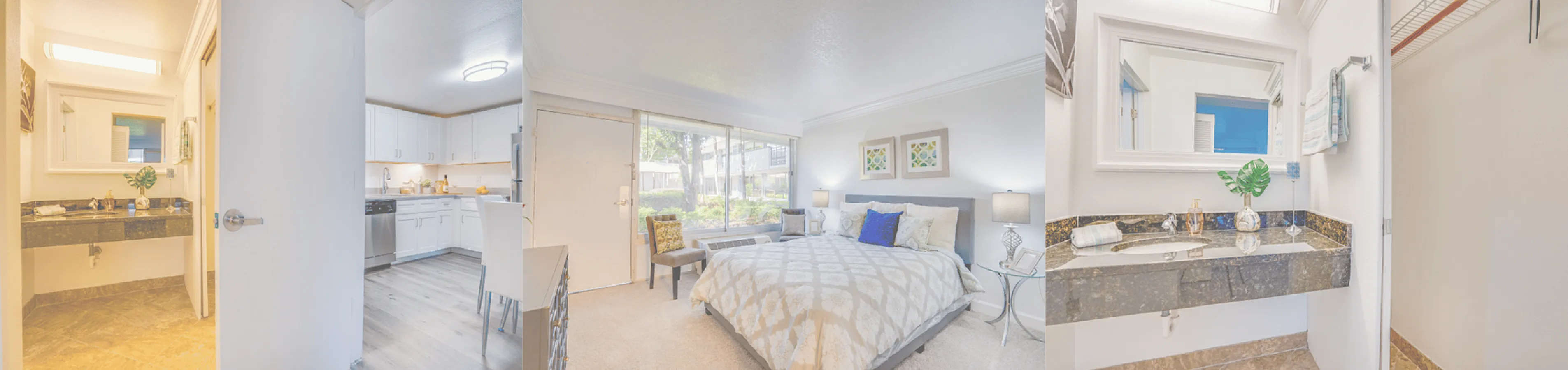 Modern apartment interior showcasing a sleek kitchen with stainless steel appliances, a cozy bedroom with large windows, and elegant bathroom details.