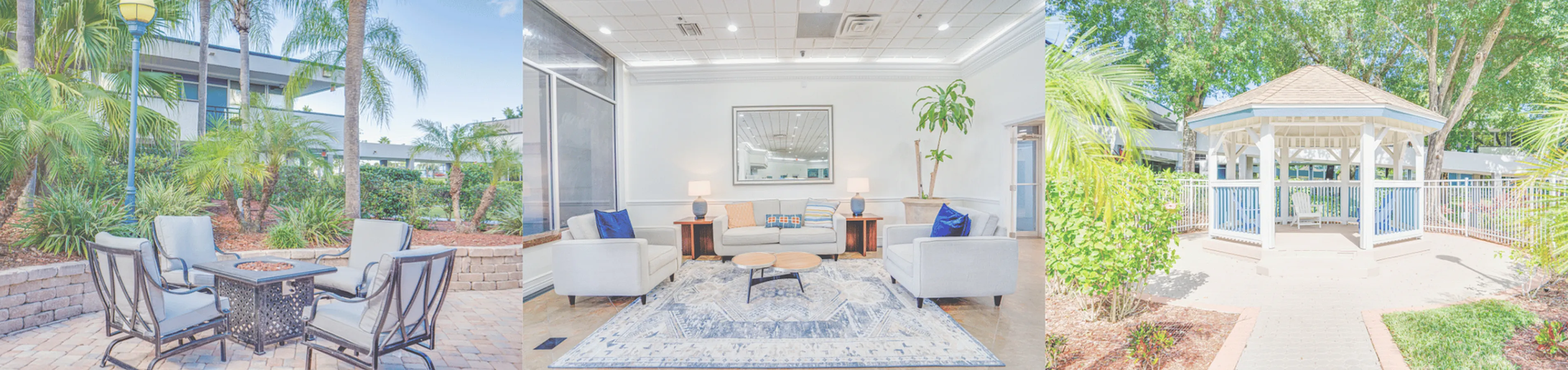 Inviting apartment complex with lush outdoor seating, modern lounge area, and charming gazebo surrounded by greenery.