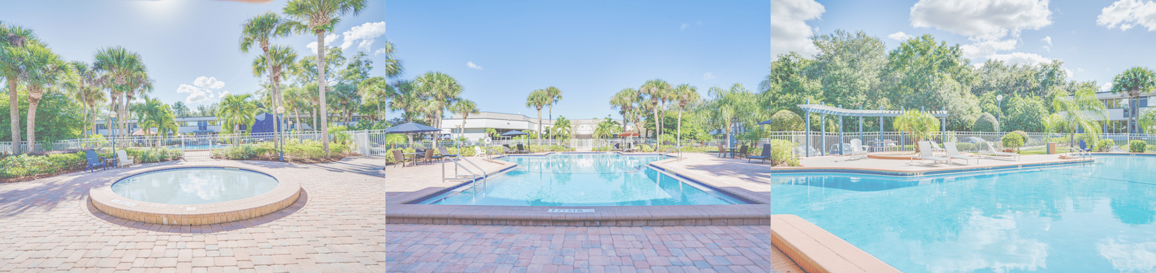Luxurious apartment complex offering a relaxing atmosphere with a shimmering pool, lush palm trees, and ample seating areas under a clear blue sky.