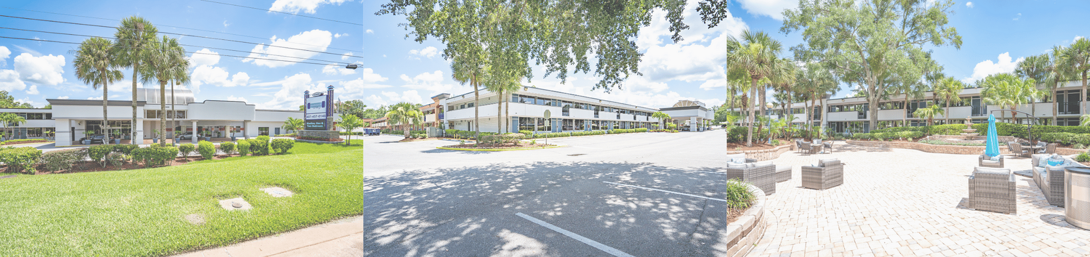 Sunny business complex with lush landscaping, ample parking, and inviting outdoor seating area.