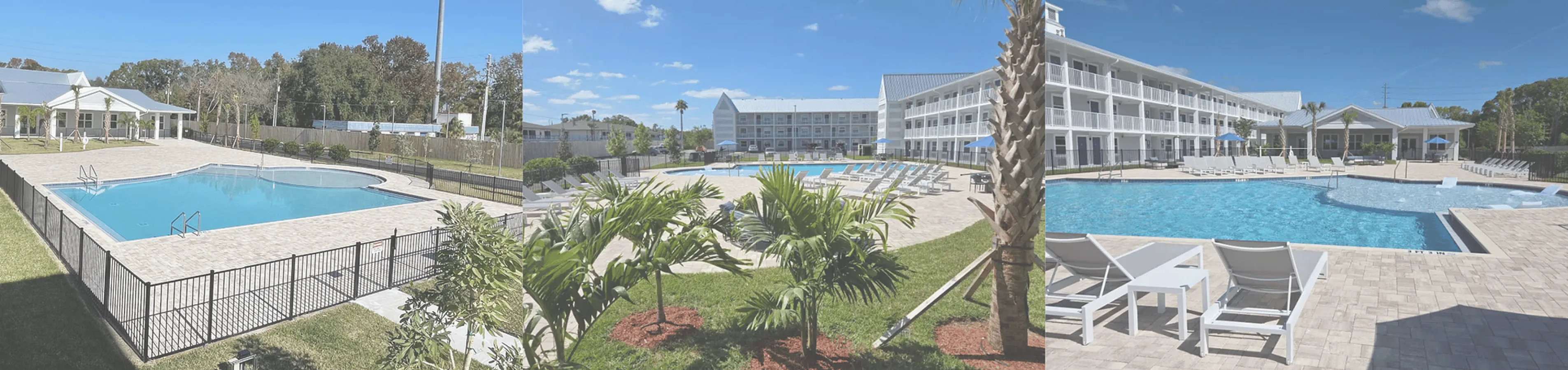 Luxurious apartment complex with two large swimming pools, lush greenery, and modern lounge chairs under a bright blue sky.