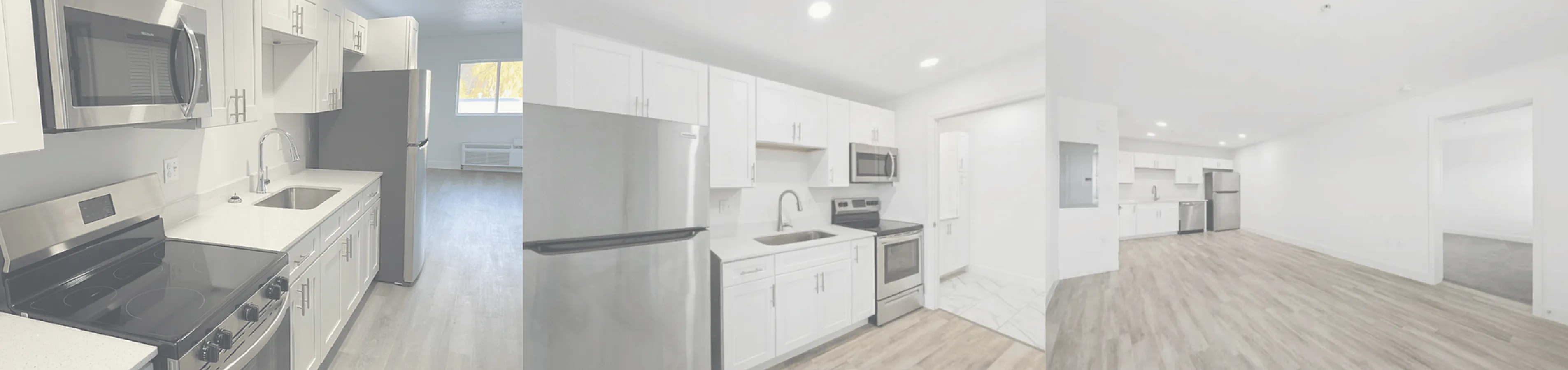 Immaculate kitchen space with modern stainless steel appliances, elegant cabinetry, and a spacious open layout complemented by beautiful hardwood flooring.