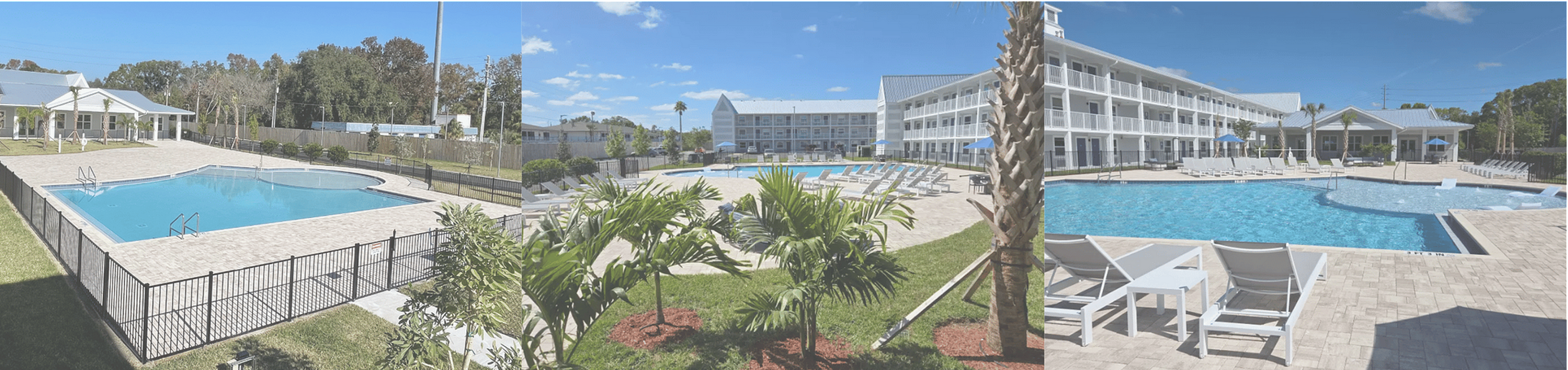 Inviting outdoor pool area surrounded by lush greenery and modern lounging chairs, perfect for relaxation.