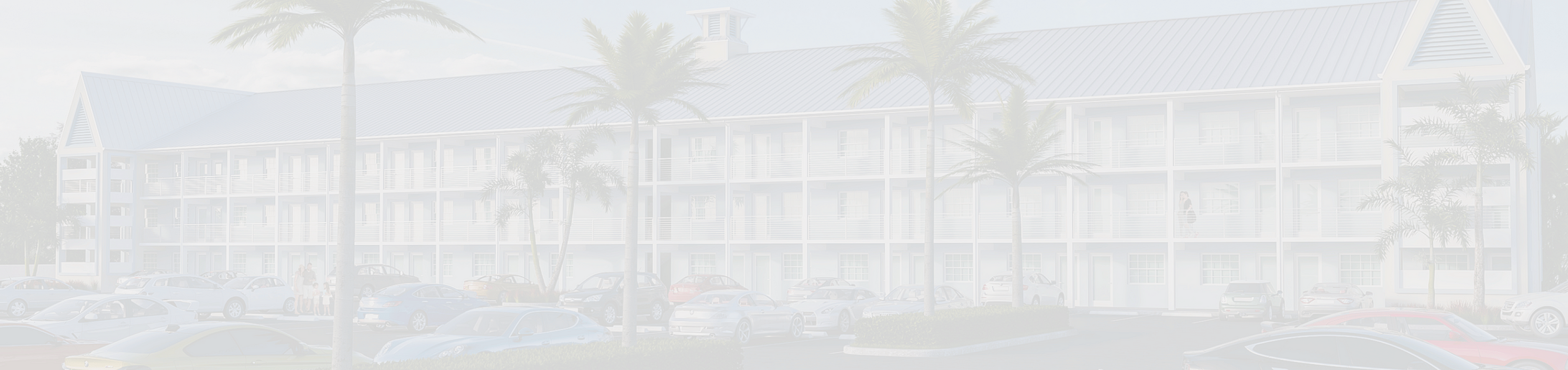 Charming multi-level apartment building with palm trees and a vibrant parking lot, showcasing a relaxed coastal lifestyle.