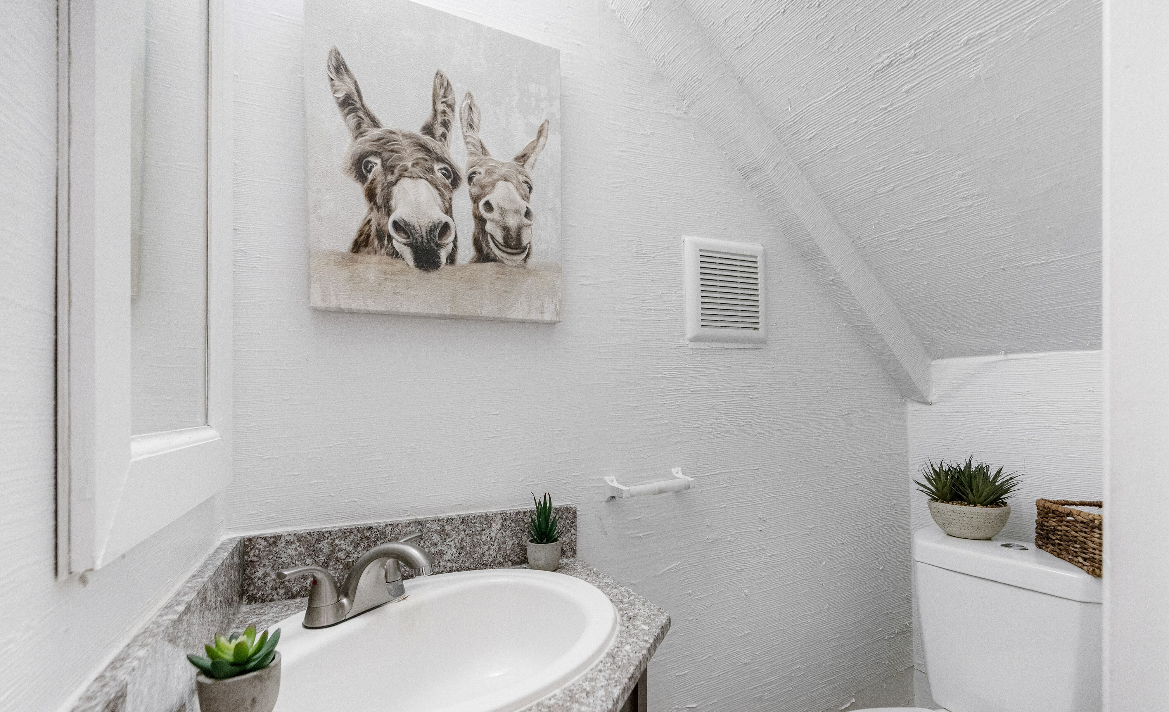 Charming white bathroom featuring playful donkey artwork, sleek granite countertop, modern sink faucet, and cozy decor with plants.