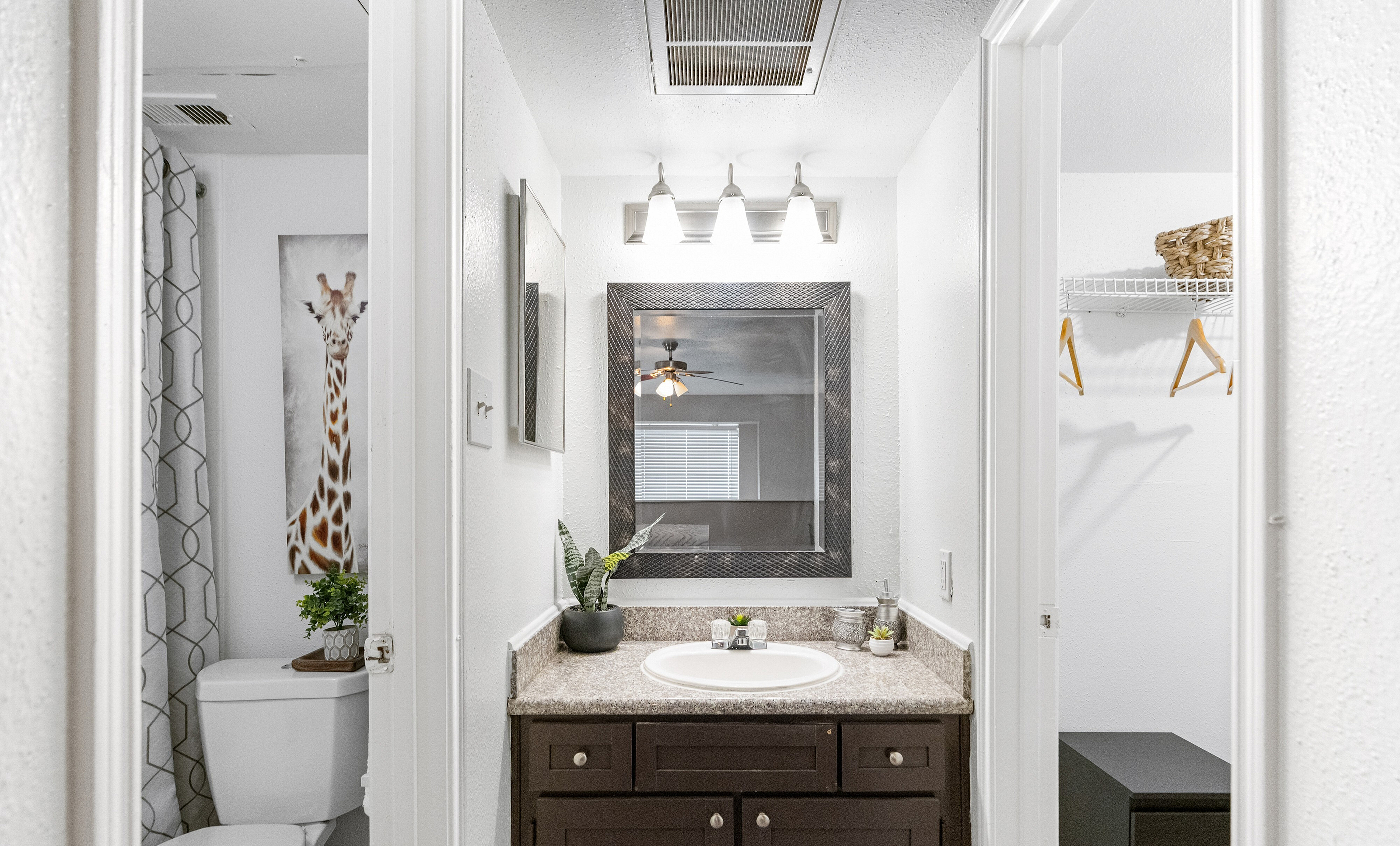 Contemporary bathroom with a stylish mirror, elegant vanity, and artistic giraffe wall art for a chic aesthetic.