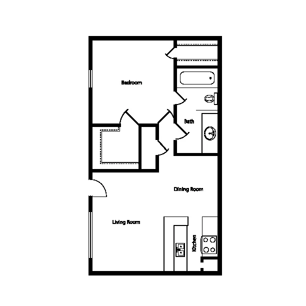 Elegant 1-bedroom apartment floor plan with spacious living room, modern kitchen, and cozy dining area.